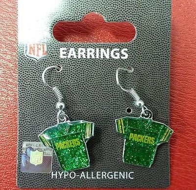 NFL Green Bay Packers Silver Glitter Jersey Dangle Earrings