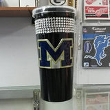 NCAA Michigan Wolverines 16oz Black Stainless Steel Bling Tumbler with Straw - Hockey Cards Plus LLC
