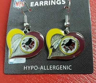 NFL Washington Redskins Silver Swirl Heart Dangle Earrings - Hockey Cards Plus LLC
