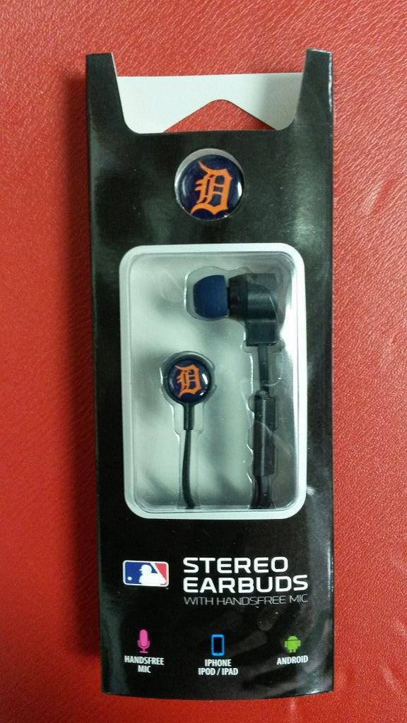 MLB Licensed Detroit Tigers Mizco Big Logo Stereo Earbuds with Hands Free Mic