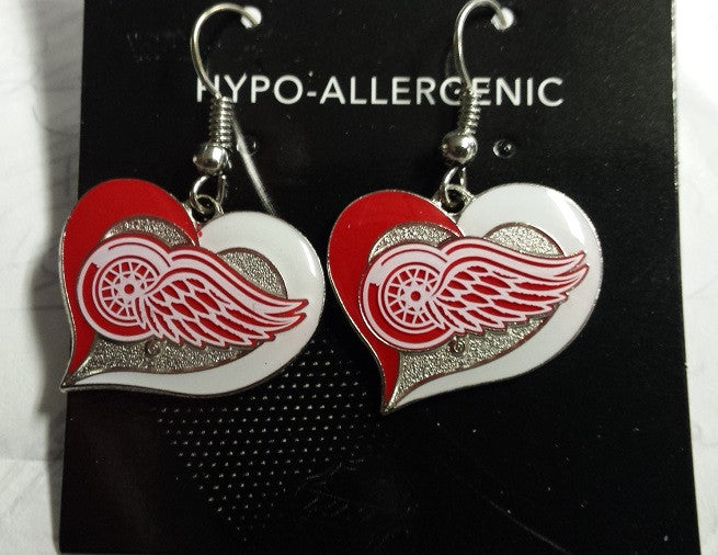 NHL Detroit Red Wings Silver Swirl Heart Dangle Earrings