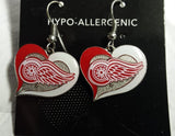 NHL Detroit Red Wings Silver Swirl Heart Dangle Earrings
