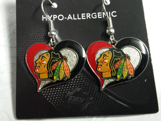 NHL Chicago Blackhawks Silver Swirl Heart Dangle Earrings