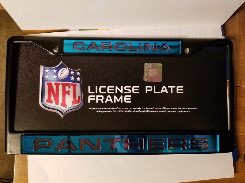 NFL Carolina Panthers Black Laser Cut Chrome License Plate Frame