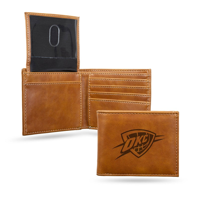NBA Oklahoma City Thunder Laser Engraved Billfold Wallet - Brown